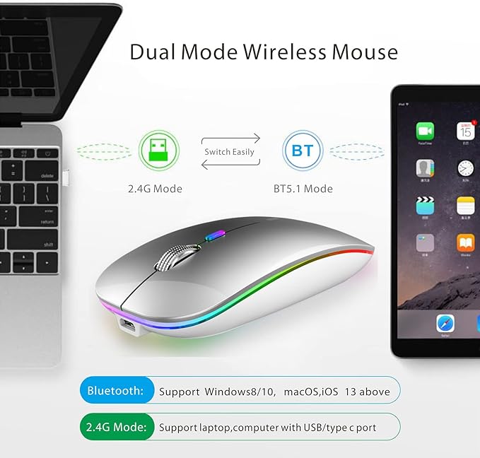 TENMOS Wireless Bluetooth Mouse, LED Slim (Bluetooth 5.1 + USB) 2.4GHz Rechargeable Silent Bluetooth Wireless Mouse with Type C Adapter for Laptop/MacBook/iPad OS 13 and Above (Silver)