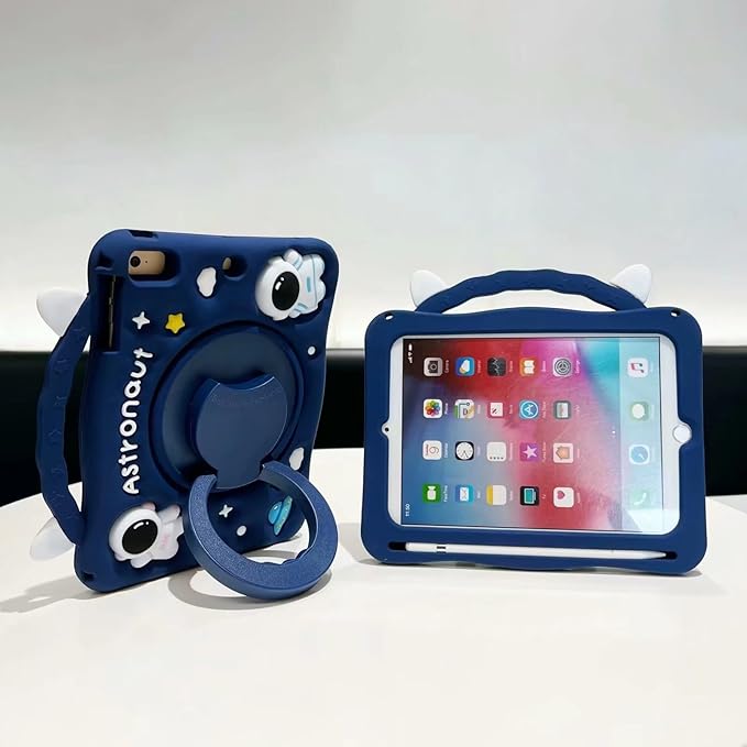 3D Cute Press Astronaut Case for iPad mini 7 (A17 Pro) 2024/Mini 6 2021 8.3 inch,Kawaii Cartoon Character Space Spacecraft Soft Silicone Rotating Stand Case with Lanyard for Kids Teens Girls Women