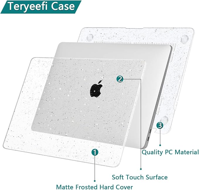 Teryeefi for MacBook Pro 13 Inch Case 2022 2021 2020 2019 2018 2017 2016 Release A2338 M1 M2 A2289 A2251 A2159 A1989 A1706, Sparkly Hard Shell Cover +Keyboard Cover + Screen Protector, Glitter Clear