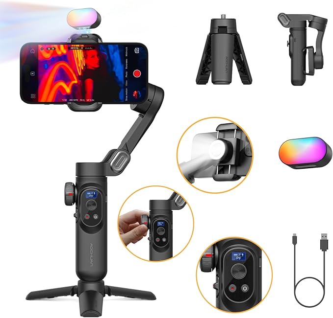 AOCHUAN 3-Axis Gimbal Stabilizer for Smartphone w/RGB Magnetic Fill Light Phone Gimbal for iPhone/Android Foldable iPhone Stabilizer w/Upgraded Face Tracking Vlog Recording-Smart X Pro Kit