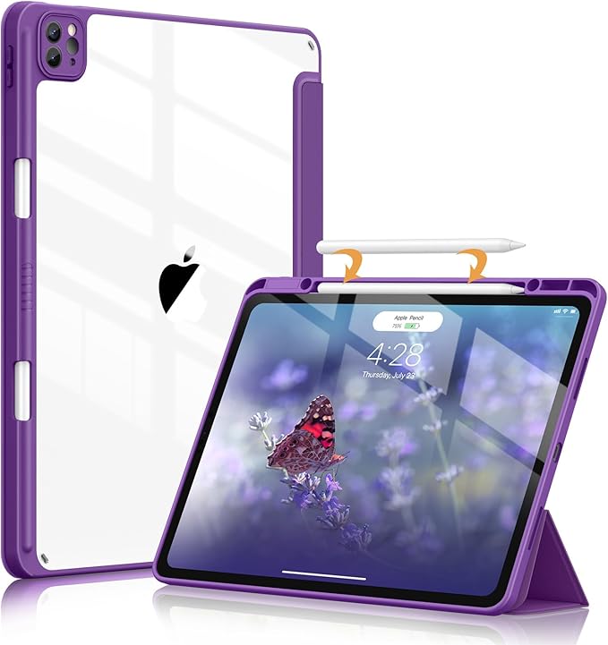 Soke Case for iPad Pro 12.9 Inch (6th/5th/4th/3rd Generation, 2022/2021/2020/2018) - Pencil Holder + Auto Sleep/Wake + Camera Protection, Transparent Shockproof Back Cover, Purple