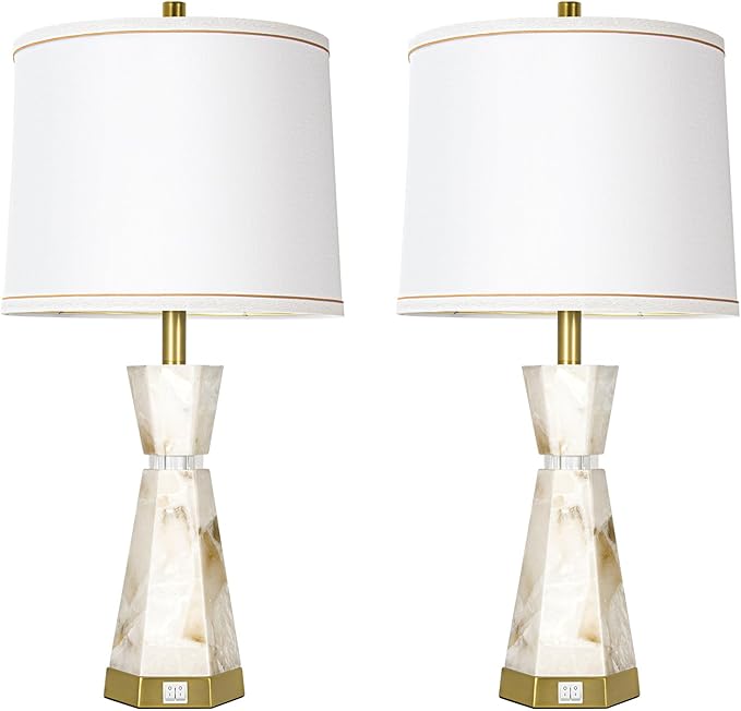 Natural Alabaster Table Lamp,Living Room Lamps Set of 2,Nightstand Lamp with Night Light,Lamps for Living Room With Linen Fabric Shade,Bedside Lamp with Usb A+C Ports for Bedroom,Hotel(Bulb Included)