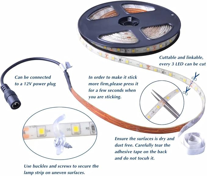 16.4ft/5m White LED Strip Lights, Waterproof & Cuttable 300 SMD 2835 Tape, 6000K 12V Flexible Ribbon for Kitchen, Cabinet, Indoor/Outdoor Lighting (No Power Supply)