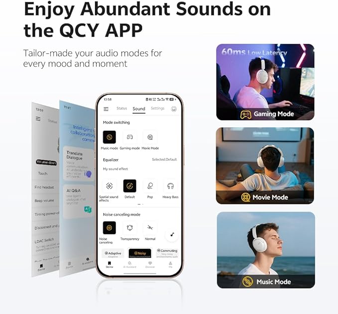 QCY H3S Wireless Over-Ear Headphones, Hybrid Active Noise Cancelling Headphones, Hi-Res Wireless, 102H Playtime, Fast Charging, Comfort Fit, Dual Connection, Bluetooth 6.0(White)