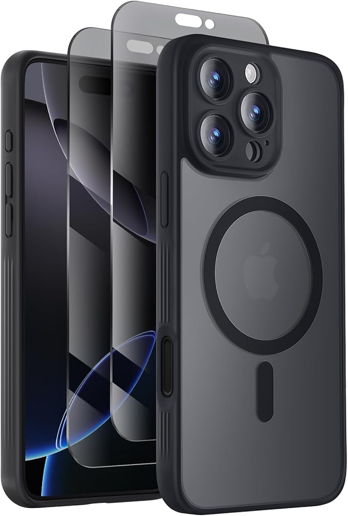 Symcele Designed for iPhone 16 Pro Max Case, Compatible with MagSafe, with Privacy Screen Protectors X2, [Camera Protection] [15FT Military Drop Protection] Shockproof Phone Case 6.9 inch, 2024, Black