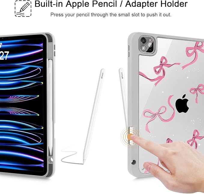 May Chen Case for iPad Pro 11-Inch M5/M4 2025/2024 (6th/5th Generation), Clear Transparent Print Back Shell Slim Stand Shockproof Tablet Cover, Auto Wake/Sleep, Khaki Bows