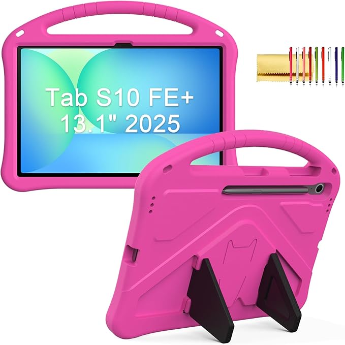 Kids Case for Samsung Galaxy Tab S10 FE+ (Plus) 13.1" 2025, Techcircle Light Weight Shock Proof EVA Foam Handle Rugged Stand Protective Cover, Rose