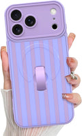 KANGHAR Compatible with iPhone 17 Pro Case, Support for MagSafe, Silicone Stripes Cute Pattern, Wristband Kickstand Camera Protection Soft Slim Cover for Girls Women -Purple
