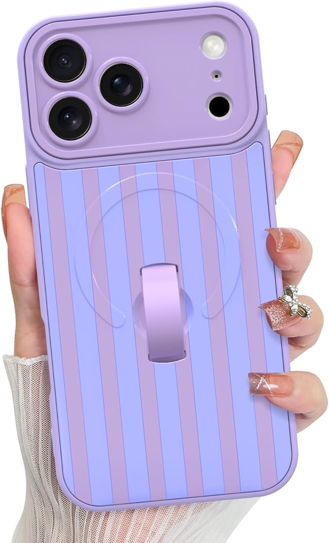 KANGHAR Compatible with iPhone 17 Pro Case, Support for MagSafe, Silicone Stripes Cute Pattern, Wristband Kickstand Camera Protection Soft Slim Cover for Girls Women -Purple