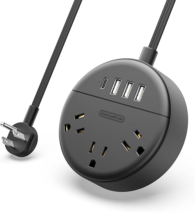 Flat Plug Power Strip with USB Ports, NTONPOWER Nightstand Desktop Charging Station with 5ft Extension Cord, Wall Mount with 3 Outlet 4 USB(1 USB C), Small Size for Travel Home Office Dorm Room, Black