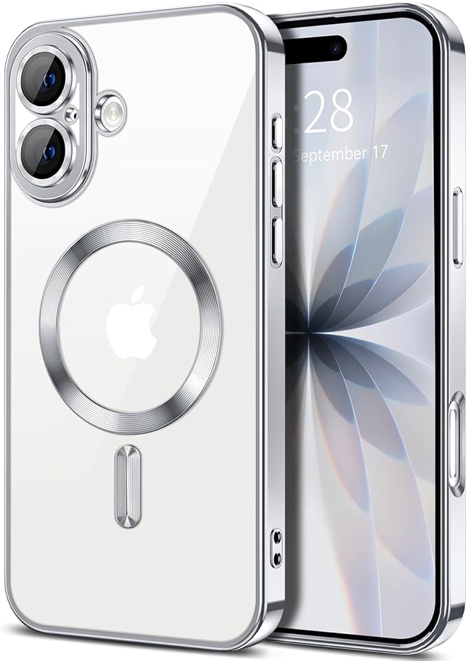 Hython Magnetic Clear for iPhone 17 Case with Camera Lens Protector [Compatible with MagSafe] Luxury Plating Edge Slim Soft TPU Cover Protective Phone Case for iPhone 17 6.3", Silver