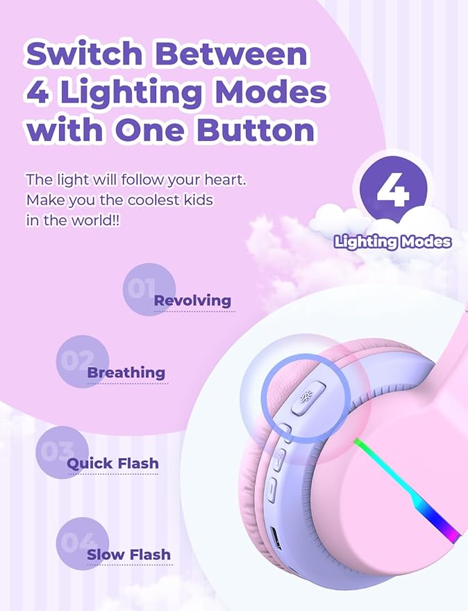 iClever BTH12 Kids Bluetooth Headphones 2 Pack,Colorful LED Lights,74/85dBA Safe Volume,85H Playtime,Bluetooth 5.2,Over Ear Kids Headphones Built-in Mic for iPad/Tablet/Airplane, Pink & Black