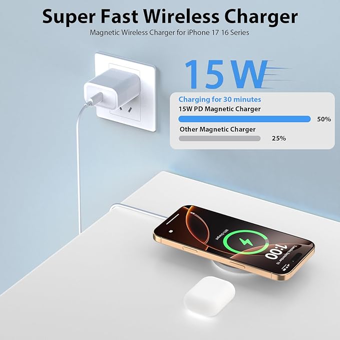 Magnetic Wireless Charger [Apple MFi Certified], 3.3FT 15W Fast Apple Mag-Safe Charger Pad with USB C Fast Charging Block Compatible with iPhone 17/Air/Pro/Pro Max/16/15/14/13/Plus/Pro/Pro Max,AirPods