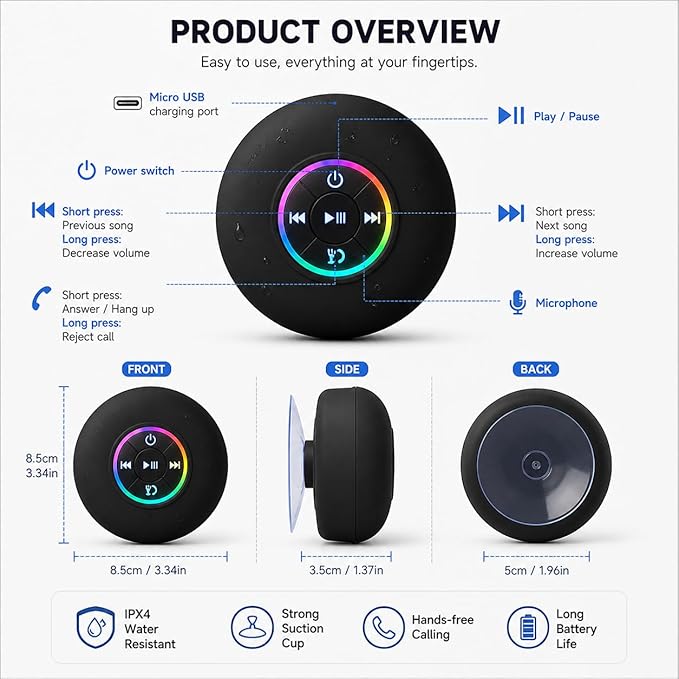 Bluetooth Shower Speaker with LED – Portable Wireless Mini Speaker with Mic & Suction Cup, IPX4 Water Resistant for Shower, Travel, Pool, River Floating, and Outdoor Fun (White)