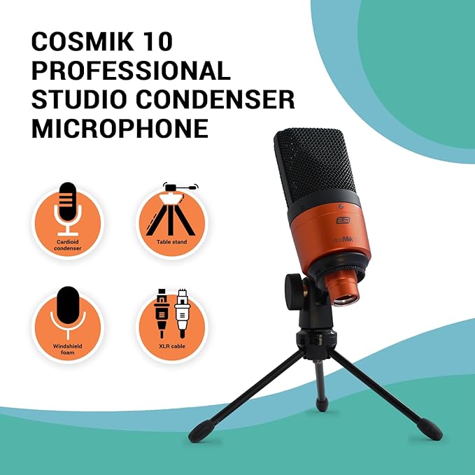 ESI cosMik 10 Studio Condenser Mic: Cardioid, Low Noise, Ideal for Vocals, Instruments, Streaming, with Stand & Cable