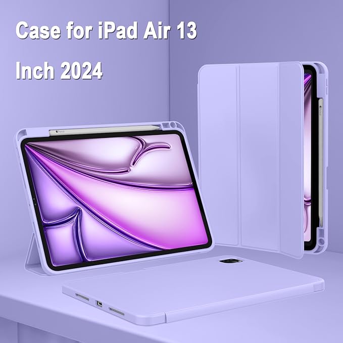 ZryXal New iPad Air 13 Inch Case M3 2025/M2 2024 with Pencil Holder, Trifold Stand Smart Case with Soft TPU Back,Auto Wake/Sleep(Light Purple)