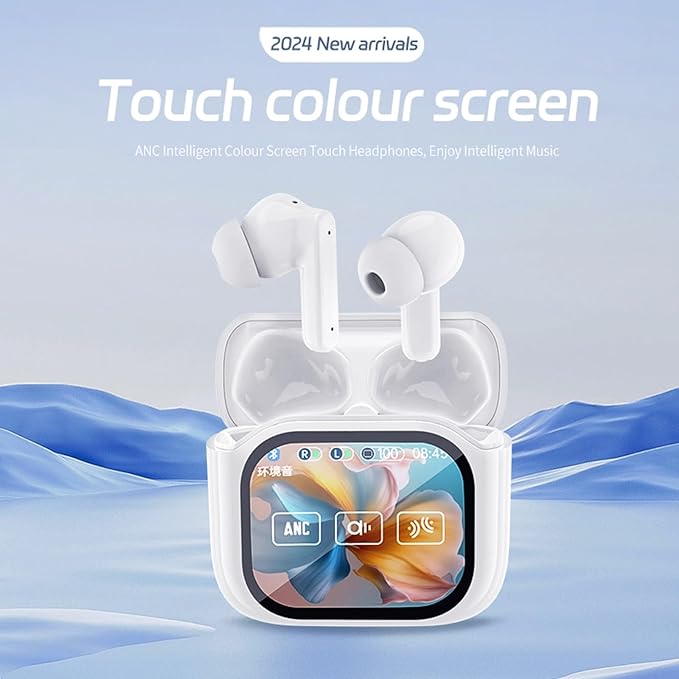 Wireless Touchscreen Earbuds with Smart Touch Screen Case - TWS True Wireless Bluetooth 5.4 Headphones - ANC Active Noise Cancelling - Blue Tooth Earphones for iPhone Android