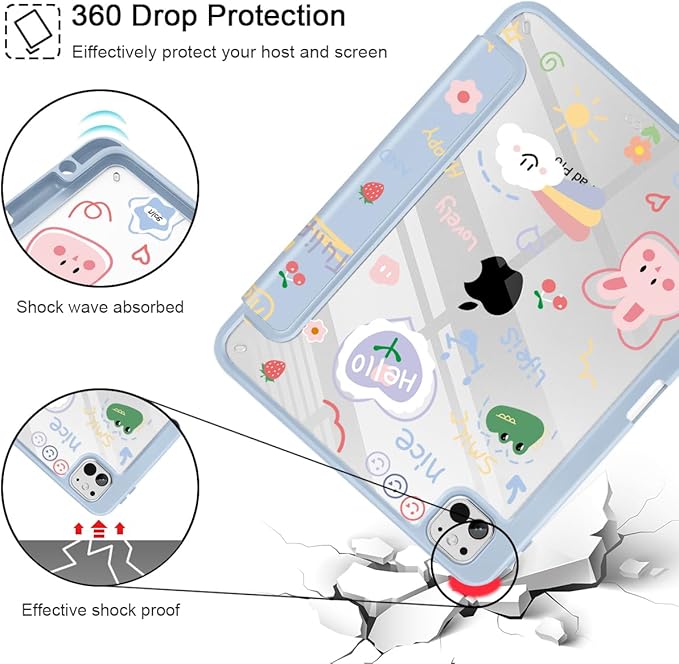 May Chen for iPad Pro 13 Inch Case M5 2025 / M4 2024, Built Pencil Holder & Clear Transparent Print Back Shell Slim Stand Shockproof Tablet Cover, Auto Wake/Sleep, Cut Stick Figure