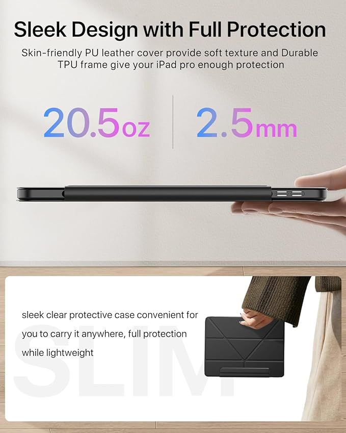 for iPad Pro 13 inch Case M5/M4 (2025/2024), Multi-Angle Y Fold Stand Magnetic Premium PU Leather Full Protective Case with Hidden Pencil Holder (Midnight Black)