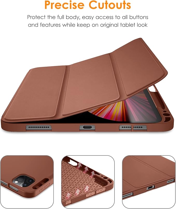 DTTO for iPad Pro 11 inch 4th/3rd/2nd/1st Generation 2022/2021/2020/2018 Case, Smart Slim Trifold Stand Soft TPU Back Cover with Built-in Pencil Holder, Also Fit iPad Air 5/4,Brown