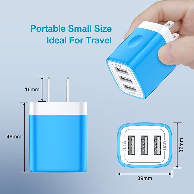 USB Charger Plug, HOOTEK 2Pack 3.1A 3-Multi Port USB Wall Charge Brick Adapter Charging Block Cube Box for iPhone 17/16e/16/15/14/13 Pro Max/12/XS/X iPad Samsung Galaxy A17 A16 A56 A15 5G S25 S24 S23