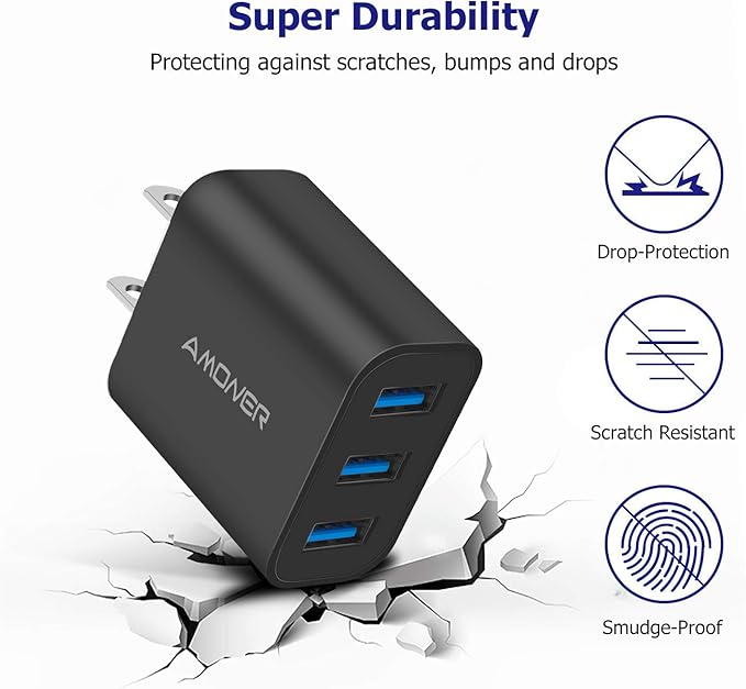 Amoner Wall Charger, Upgraded 2Pack 15W 3-Port USB Plug Cube Portable Wall Charger Plug for iPhone 13/12/mini/Pro/Max/11/Pro/Xs/XR/X/8/7/Plus, Galaxy10/9, Note10/9, and More