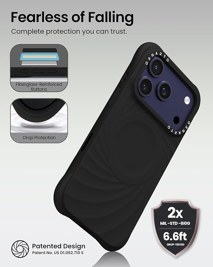 ORNARTO Vortuxe for iPhone 17 Pro Case 6.3" | 2X MIL-STD Protection | Camera Control Button | Compatible with MagSafe | Sleek Aesthetic Liquid Silicone Phone Cover | Black