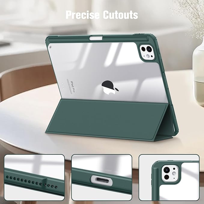 Fintie Hybrid Slim Case for iPad Pro 11-inch (M5) 2025 / (M4) 2024 - [Built-in Pencil Holder] Shockproof Protective Cover with Clear Transparent Back Shell, Midnight Green