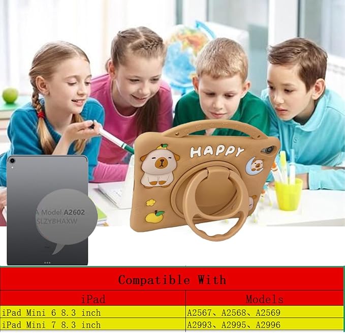 3D Cute Press Capybara Case for iPad mini 7 (A17 Pro) 2024/Mini 6 2021 8.3 inch,Kawaii Cartoon Character Capybara Soft Silicone Rotating Stand Case with Lanyard for Kids Teens Girls Women