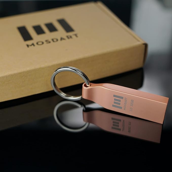 MOSDART 32GB Waterproof USB3.0 Flash Drive, Speed Up to 90MB/S, FAT32 Metal Memory Stick with Keychain, for System Back, Data Storage, Rose Gold