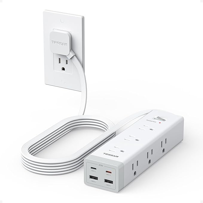 TESSAN Surge Protector Power Strip PD 20W, Ultra Thin Flat Plug 10 FT Extension Cord, 9 Outlets 4 USB(2 USB C), 1050J Protection Multiple Outlets Charging Station for Home, Office, College Dorm Room