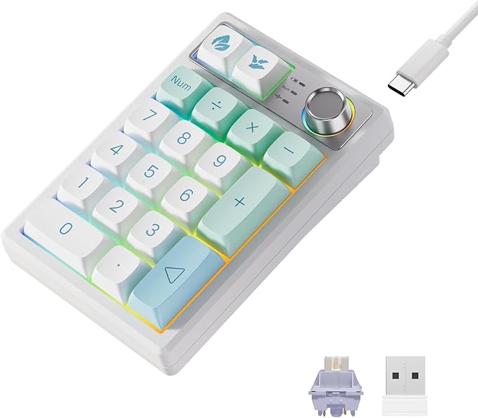 Mechanical Numpad Gasket Mounted with Creamy Sound, Bluetooth/2.4G/USB-C, Programmable Macro Numeric Keypad Rechargeable Number Pad Hot Swappable RGB Backlit Metal Knob for Win/Mac, Mint