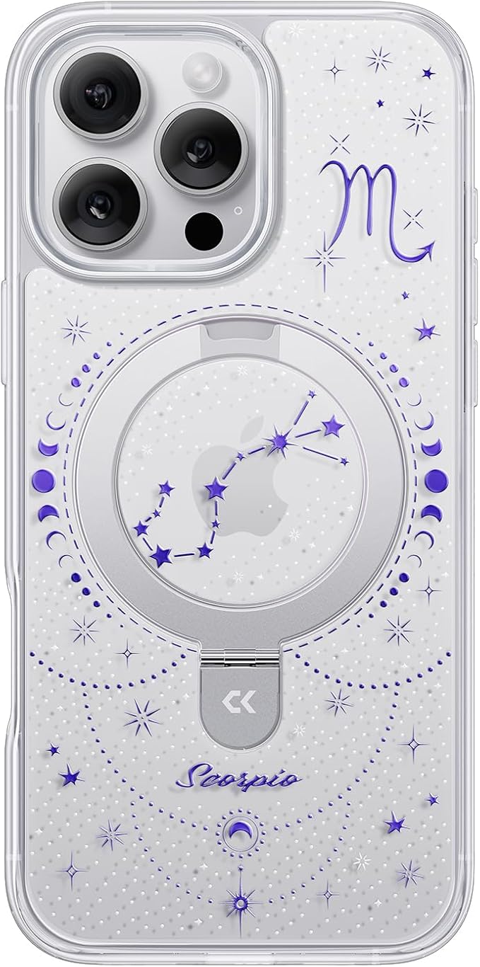 CASEKOO Scorpio [Zodiac Collection] for iPhone 16 Pro Case with Magnetic Ring Stand [Compatible with MagSafe] [Military-Grade Protection] Fashion Clear Back Design, Soft Edge