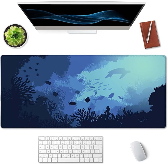 SSOIU Blue Ocean Big Turtle Desk Mat, Under The Sea Peaceful Extra Large Mouse Pad, Extended Gaming Mat 35.5" X 15.7", Large Non-Slip Rubber Base with Stitched Edges