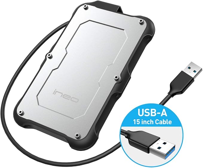 ineo 2.5" USB 3.0 Type-A Rugged Waterproof & Shockproof External Hard Drive Enclosure for 9.5mm & 7mm SATA HDD/SSD [T2580]