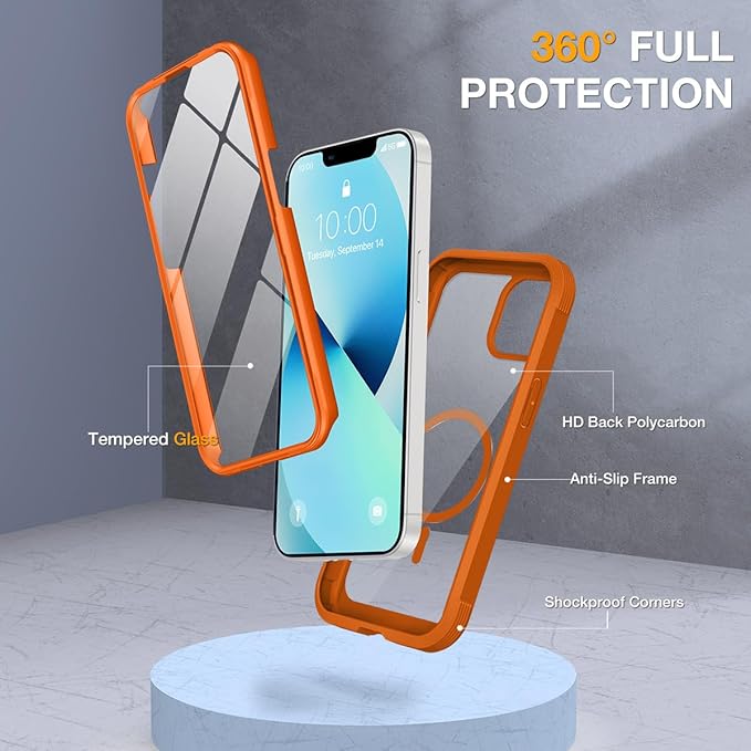 Miracase for iPhone 13 mini Case 5.4",Full-Body Protection,Clear Bumper Case with Built-in 9H Tempered Glass Screen Protector,Military-Grade Drop Protection Outdoor Phone Case for 13 mini,Orange