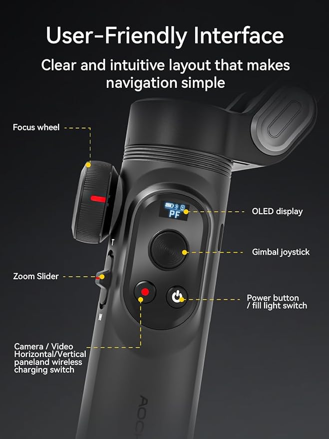 AOCHUAN Gimbal Stabilizer for iPhone with AI Vision Sensor for Face Tracking, 3-Axis Phone Gimbal w/OLED Display for Vlog Recording, Compatible with iPhone/Android-Smart XPro AI Black