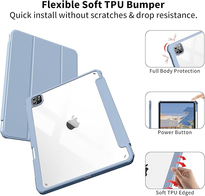 Case for iPad Pro 12.9 Inch (6th/5th/4th/3rd Generation 2022/2021/2020/2018) with Pencil Holder, Clear Transparent Back Shell Slim Stand Shockproof Tablet Cover, Auto Wake/Sleep, Blue
