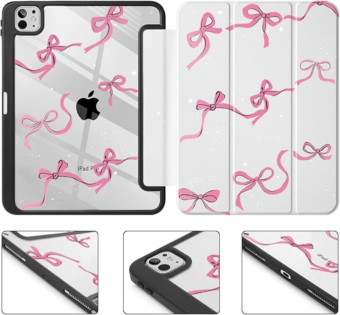 May Chen Case for iPad Pro 11-Inch M5/M4 2025/2024 (6th/5th Generation), Clear Transparent Print Back Shell Slim Stand Shockproof Tablet Cover, Auto Wake/Sleep, White Bows