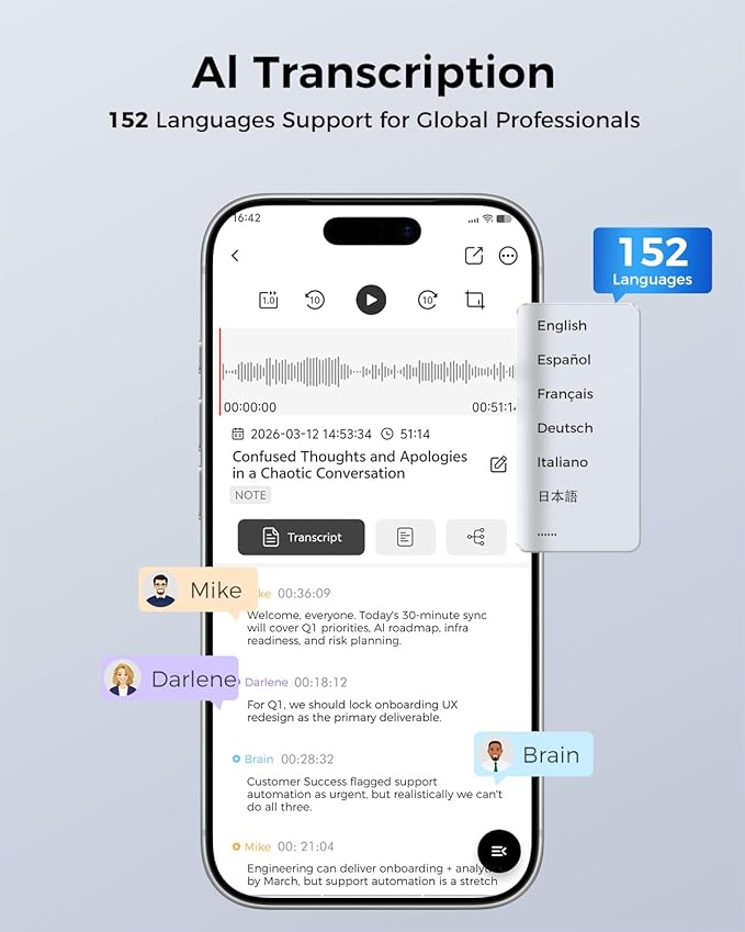 LORZOR AI Voice Recorder, Transcribe & Summarize, 64GB Audio Note Taker for Meetings & Calls, App Control, Support 152 Languages, Al Noise Cancellation Technology, Case & Lanyard Included, Gray