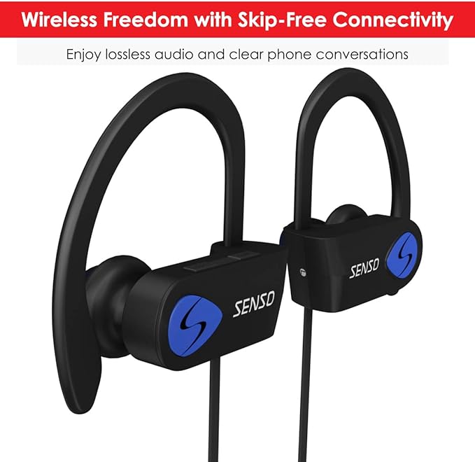 Senso Bluetooth Headphones, Best Wireless Sports Earphones w/Mic IPX7 Waterproof HD Stereo Sweatproof Earbuds for Gym Running Workout 8 Hour Battery Noise Cancelling Headsets (Black Blue)