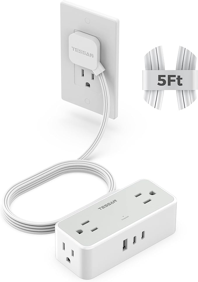 TESSAN Flat Plug Extension Cord 5 FT, Surge Protector Power Strip with 4 AC Outlets 2 USB C and 1 USB A Ports, 900 Joules Protection, Multiple Wall Outlet Extender Suitable for Office Dorm, Grey