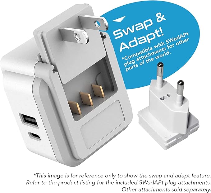 Ceptics India, Maldives Power Plug Adapter Travel Set, 20W PD & QC, Safe Dual USB & USB-C 3.1A - 2 USA Outlet - Compact - Use In Pakistan, Nepal, Bangladesh Includes Type D, Type C SWadAPt Attachments