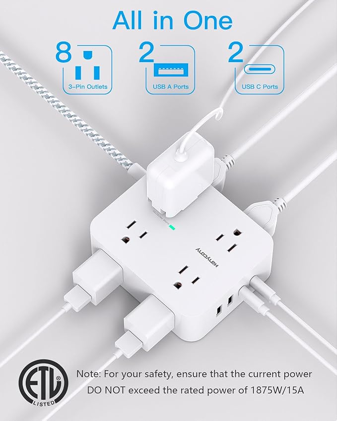 HANYCONY Extension Cord 25 Ft, Surge Protector Power Strip with 8 Outlets 4 USB Ports(2 USB C), Long Cord, Wall Mount, Desk USB Charging Station for Home Office College Dorm Room Essentials