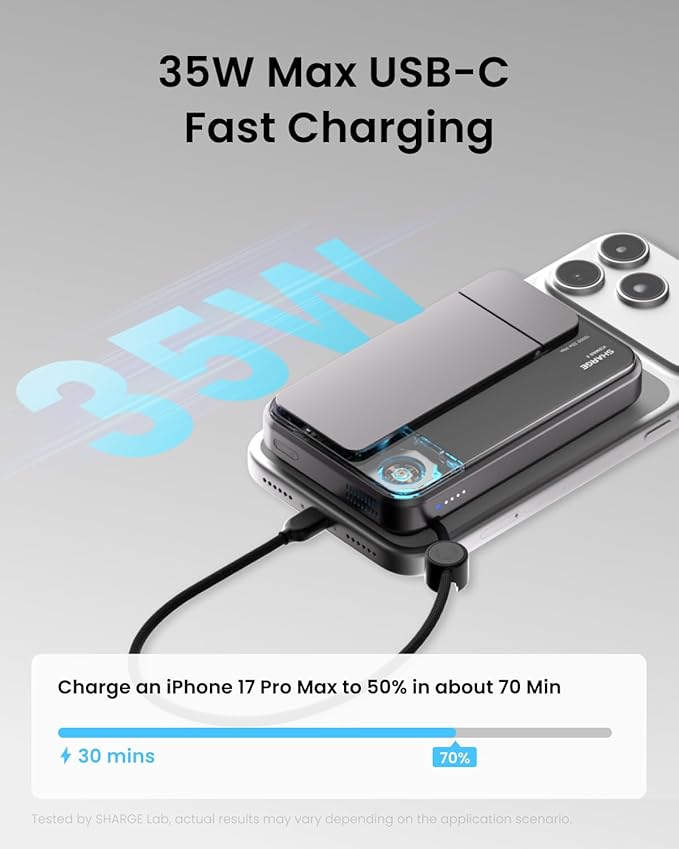 sharge ICEMAG 3 MagSafe Portable Charger, Qi2.2 25W Magnetic Power Bank 10000mAh 35W USB-C Fast Charging, with Active Cooling& Built-in Cable, Transparent RGB Design for iPhone 17e/16/15 Series