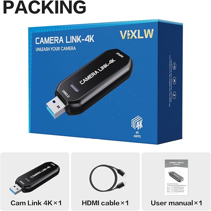 VIXLW Cam Link 4K – External Capture Card for DSLR Camcorder ActionCam as Webcam, HDMI to USB 3.0, Meet/Stream/Record in 4K60/1080p120, Easy Connect for OBS/Zoom, Windows/Mac