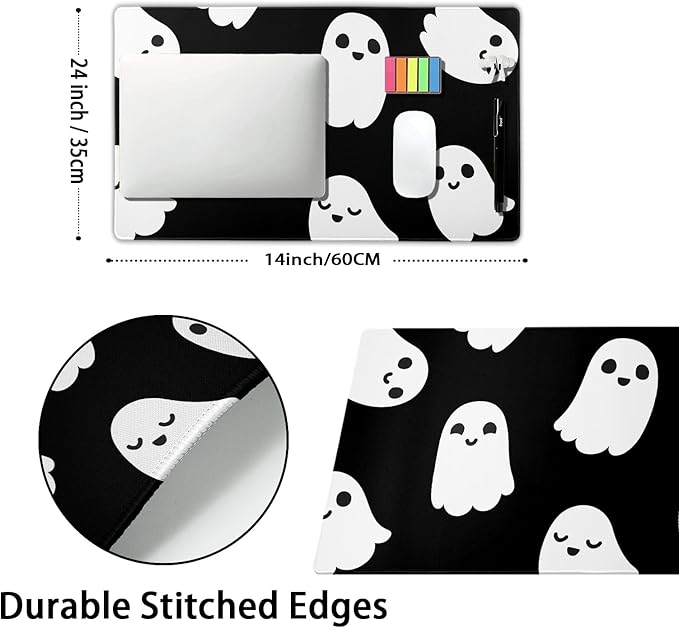 Halloween Cute Ghost Mouse Pad Large Kawaii Cartoon Spooky Funny Spirit Extended Desk Mat Non-Slip Rubber Base Stitched Edge Large XL Black White Mousepad for Desk Gaming Laptop Desktop,24x14 Inch