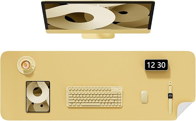 Desk Pad, 48" x 17" PU Leather Non-Slip Desk Mat Large Mouse Pad for Desktop, Waterproof Laptop Computer Writing Mat for Office, Home, Work, Gaming, Pale Yellow