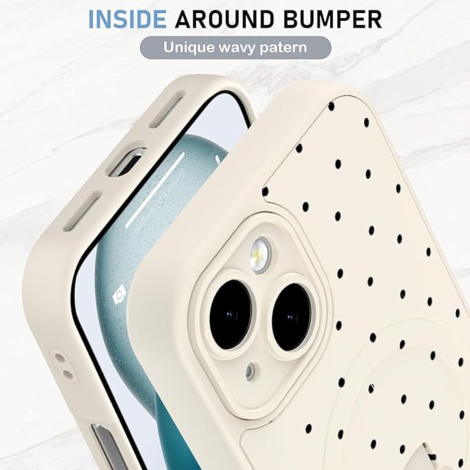 KANGHAR Compatible with iPhone 15 Case, Support for MagSafe, Silicone Spot Cute Pattern, Wristband Kickstand Camera Protection Soft Slim Cover for Girls Women -White
