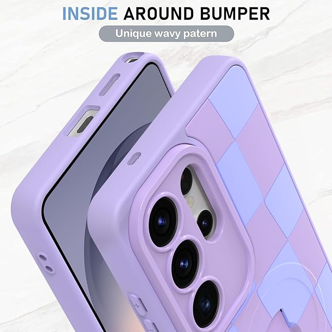 KANGHAR Compatible with Samsung Galaxy S26 Ultra Case, Support for MagSafe, Silicone Checkered Cute Pattern, Wristband Kickstand Camera Protection Soft Slim Cover for Girls Women -Purple
